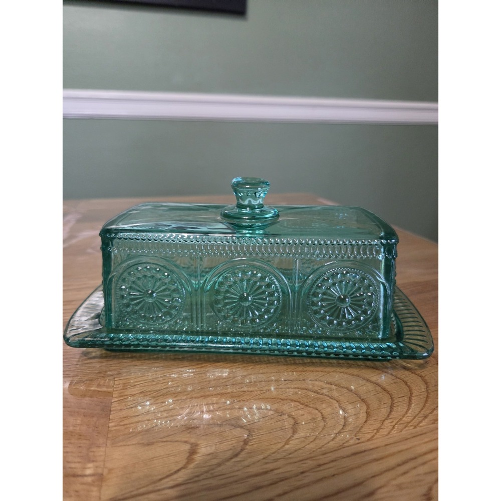 The Pioneer Woman Adeline Depression Style Teal Glass Butter Dish with Lid